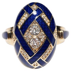 New Made 18k Gold Natural Diamond And Enamel Decorated Oval Ring