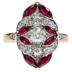 New Made 18k Gold Natural Diamond And  Marquise Cut Ruby Decorated Navette Ring