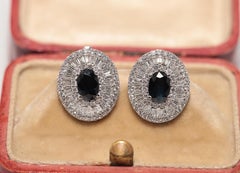 New Made 18k Gold Natural Diamond And Oval Cut Sapphire Decorated Stud Earring