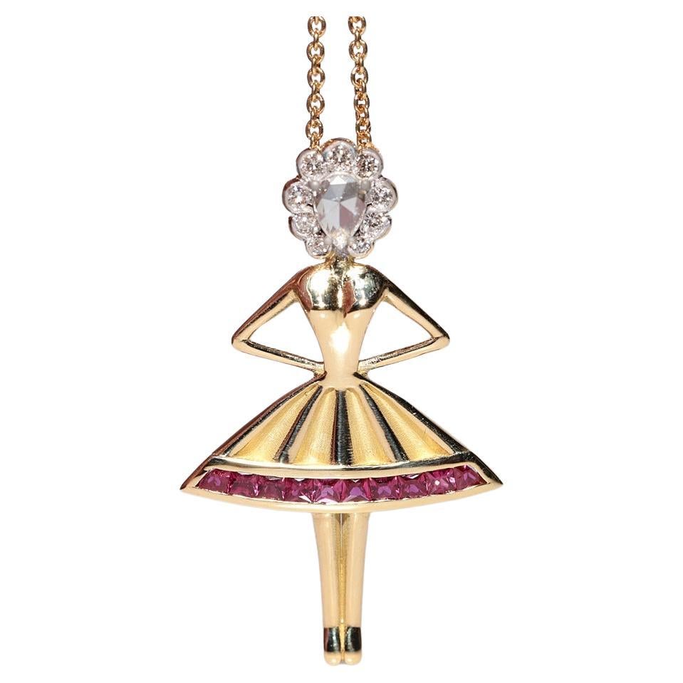 New Made 18k Gold Natural Diamond And Ruby Ballerina Lady Pendant Necklace