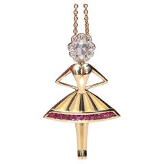 New Made 18k Gold Natural Diamond And Ruby Ballerina Lady Pendant Necklace