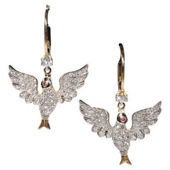 New Made 18k Gold Natural Diamond And Ruby Decorated Bird Decorated Earring