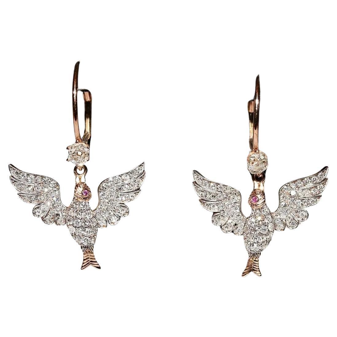 New Made 18k Gold Natural Diamond And Ruby Decorated Bird Earring For Sale