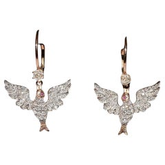 New Made 18k Gold Natural Diamond And Ruby Decorated Bird Earring