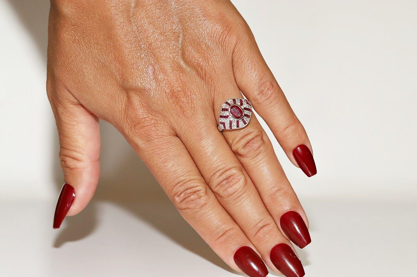 In very good condition.
Total weight 4.8 grams.
Totally  0.50 carat diamond.
The diamond has vs-vvs  clarity and G-H color.
Center 1.12 ct ruby .
Totally about 2.12 carat ruby.
Ring size is US 6.5 (We offer free resizing)
We can make any size.
Box