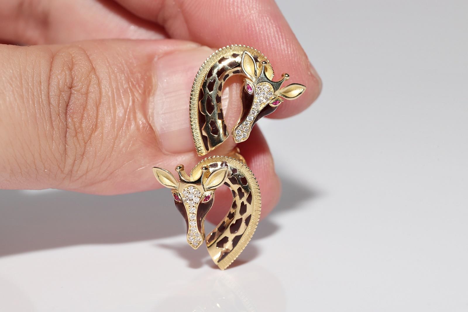 New Made Boucle d'oreille Girafe en or 18k, diamant naturel et rubis émaillé en vente 8