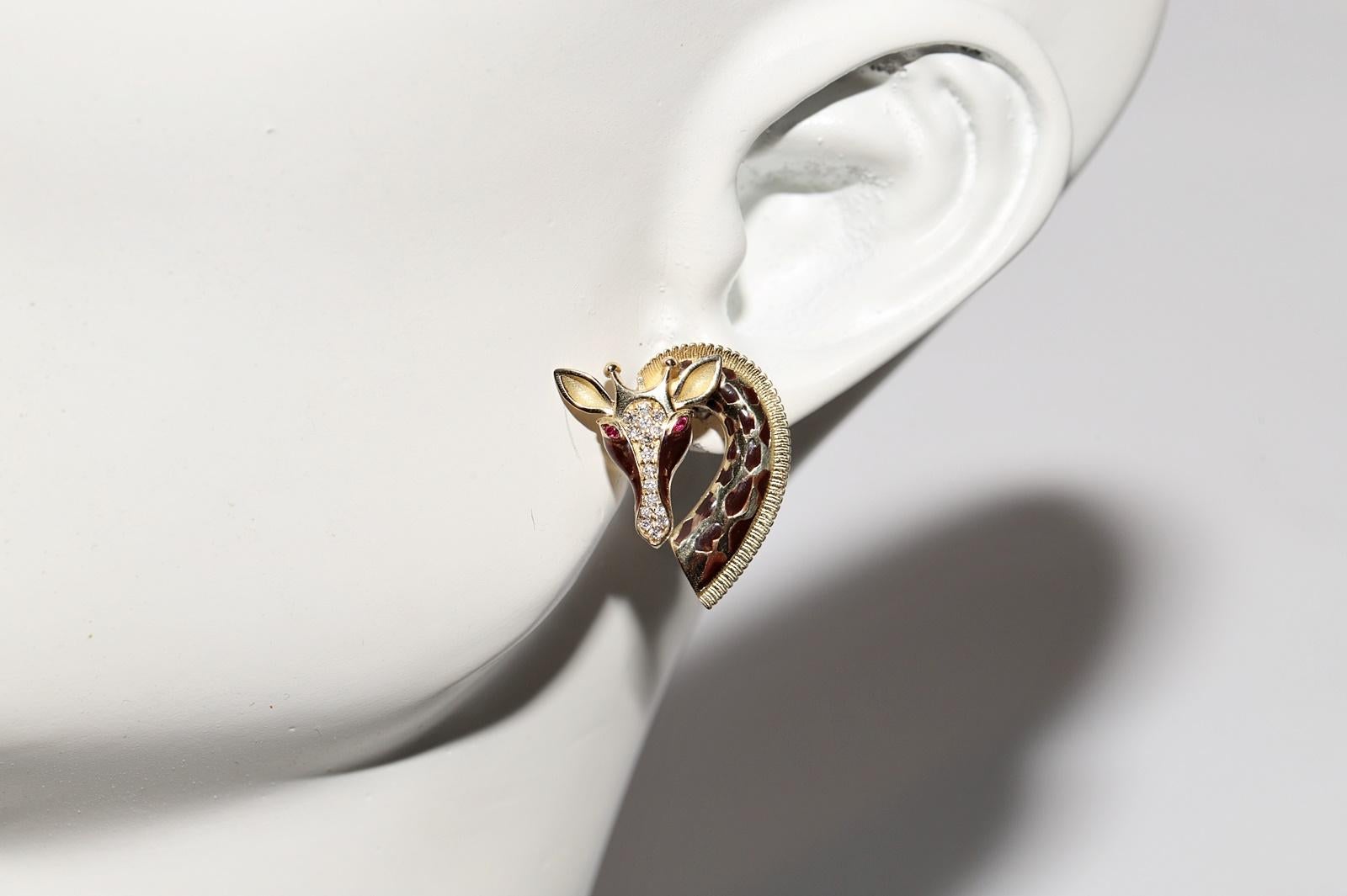 New Made Boucle d'oreille Girafe en or 18k, diamant naturel et rubis émaillé en vente 11