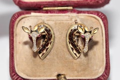 New Made 18k Gold Natural Diamond And Ruby Enamel Giraffe Stud Earring