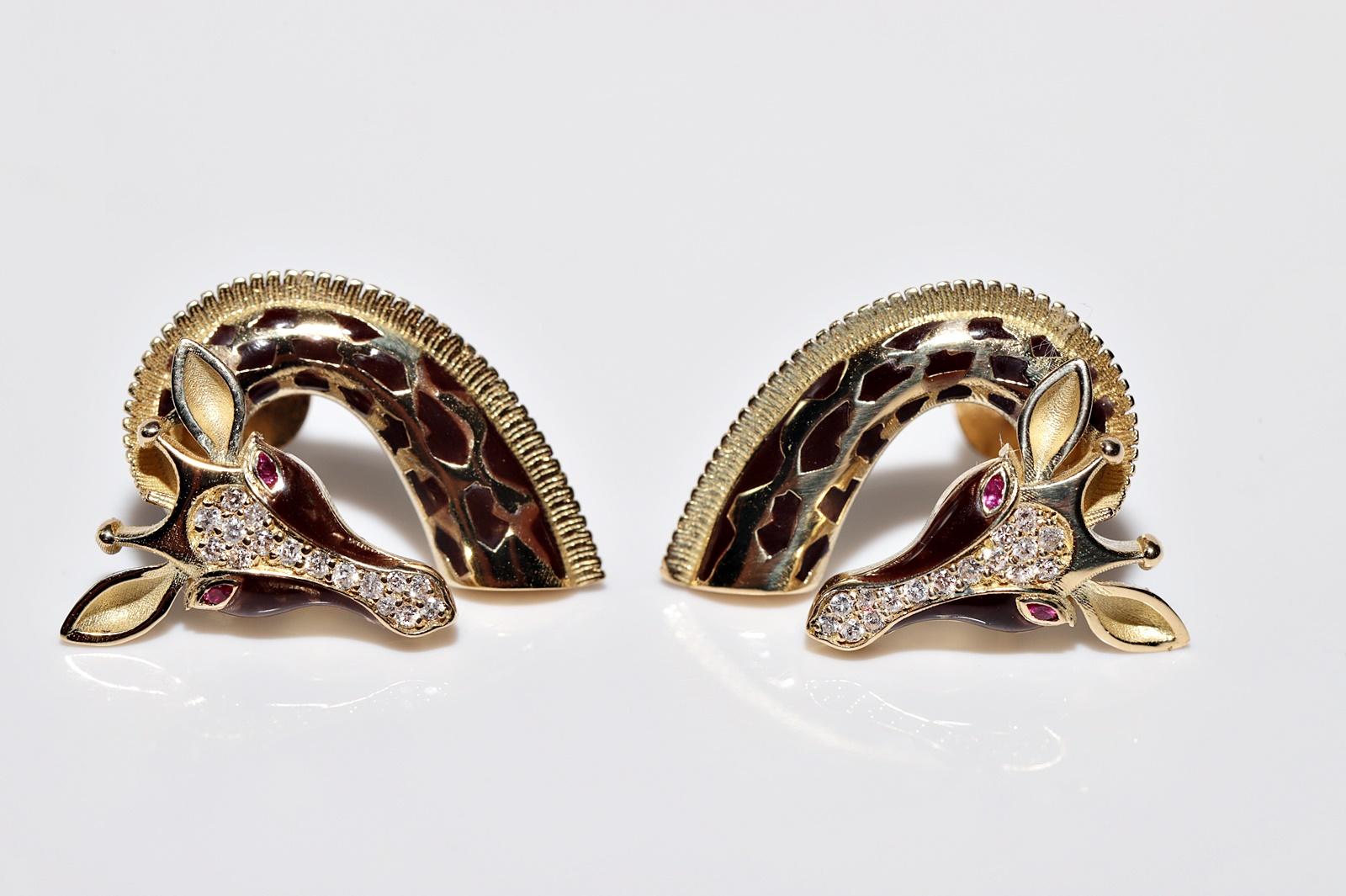 New Made Boucle d'oreille Girafe en or 18k, diamant naturel et rubis émaillé en vente 2