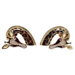 New Made 18k Gold Natural Diamond And Ruby Enamel Giraffe Stud Earring