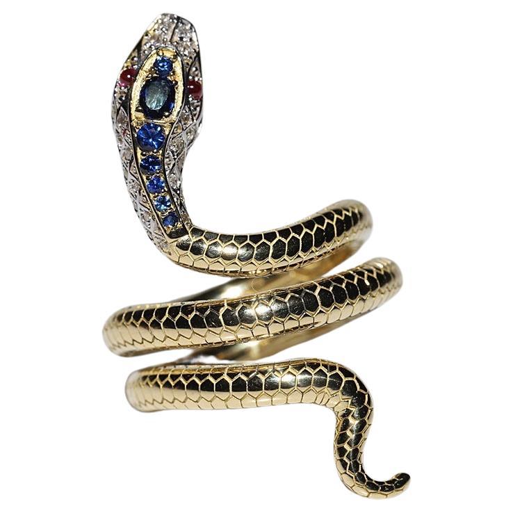 New Made 18k Gold Natural Diamond And Sapphire And Ruby Snake Ring 