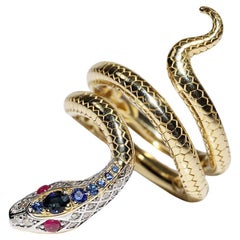 New Made 18k Gold Natural Diamond And Sapphire And Ruby Snake Ring