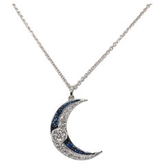 New Made 18k Gold Natural Diamond And Sapphire Decorated Moon Pendant Necklace