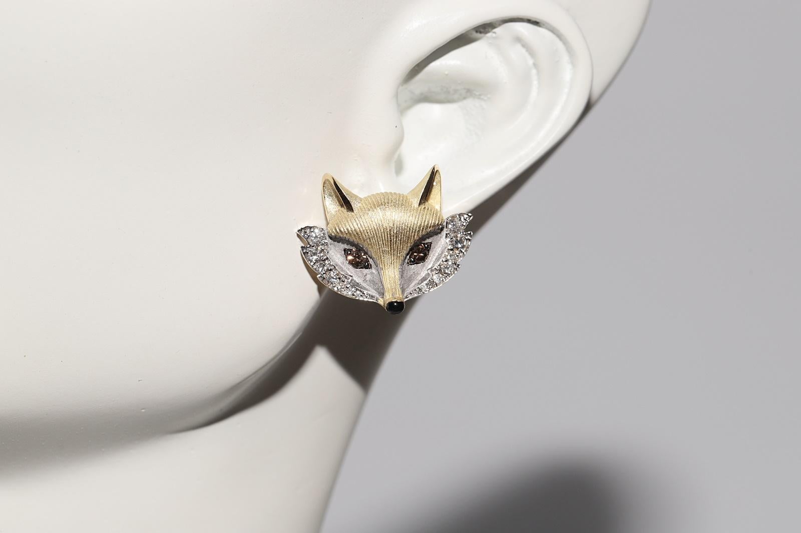 New Made 18k Gold Natural Diamond Decorated Fox Style Amazing Earring For Sale 6