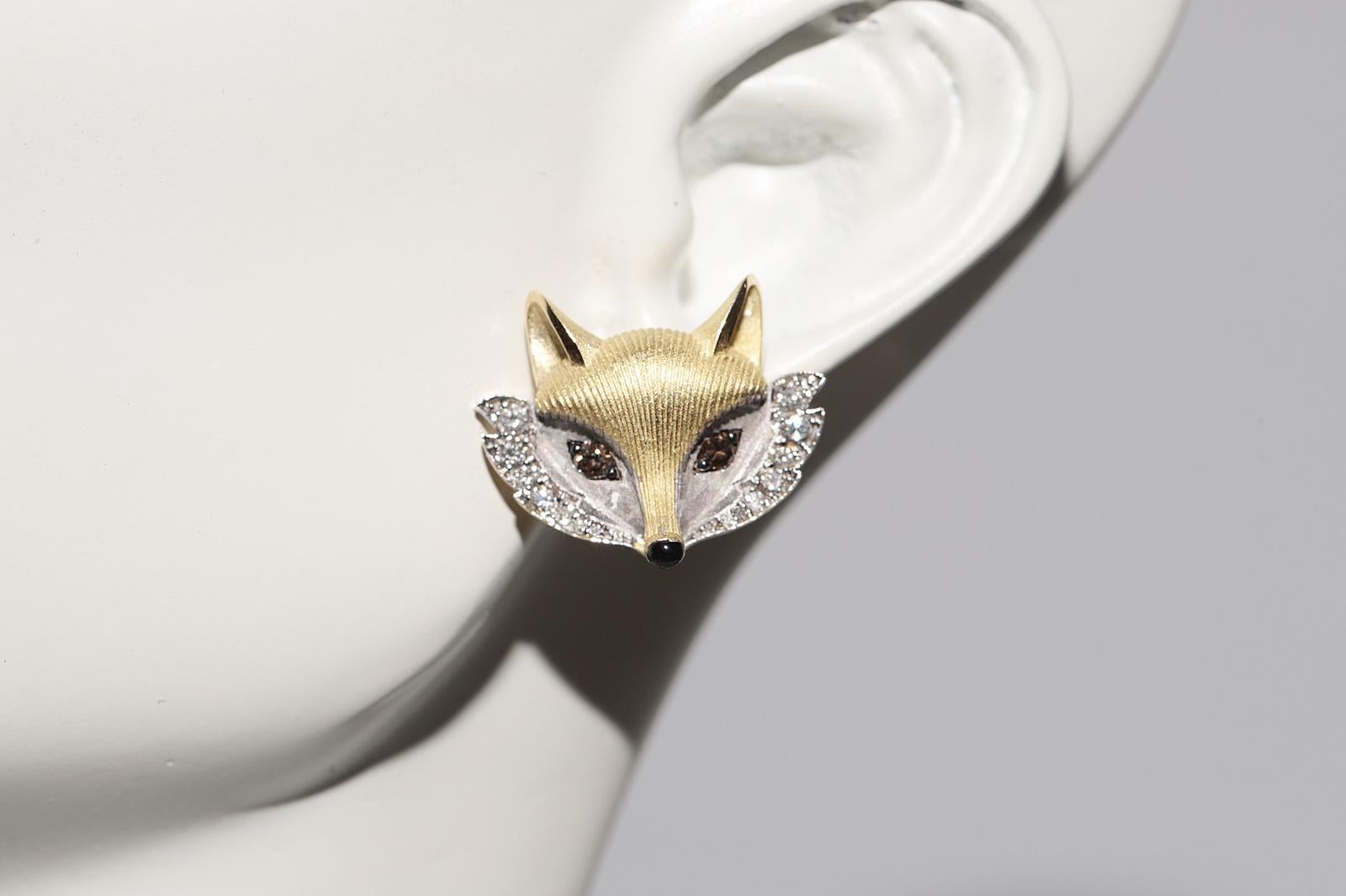 New Made 18k Gold Natural Diamond Decorated Fox Style Amazing Earring For Sale 7