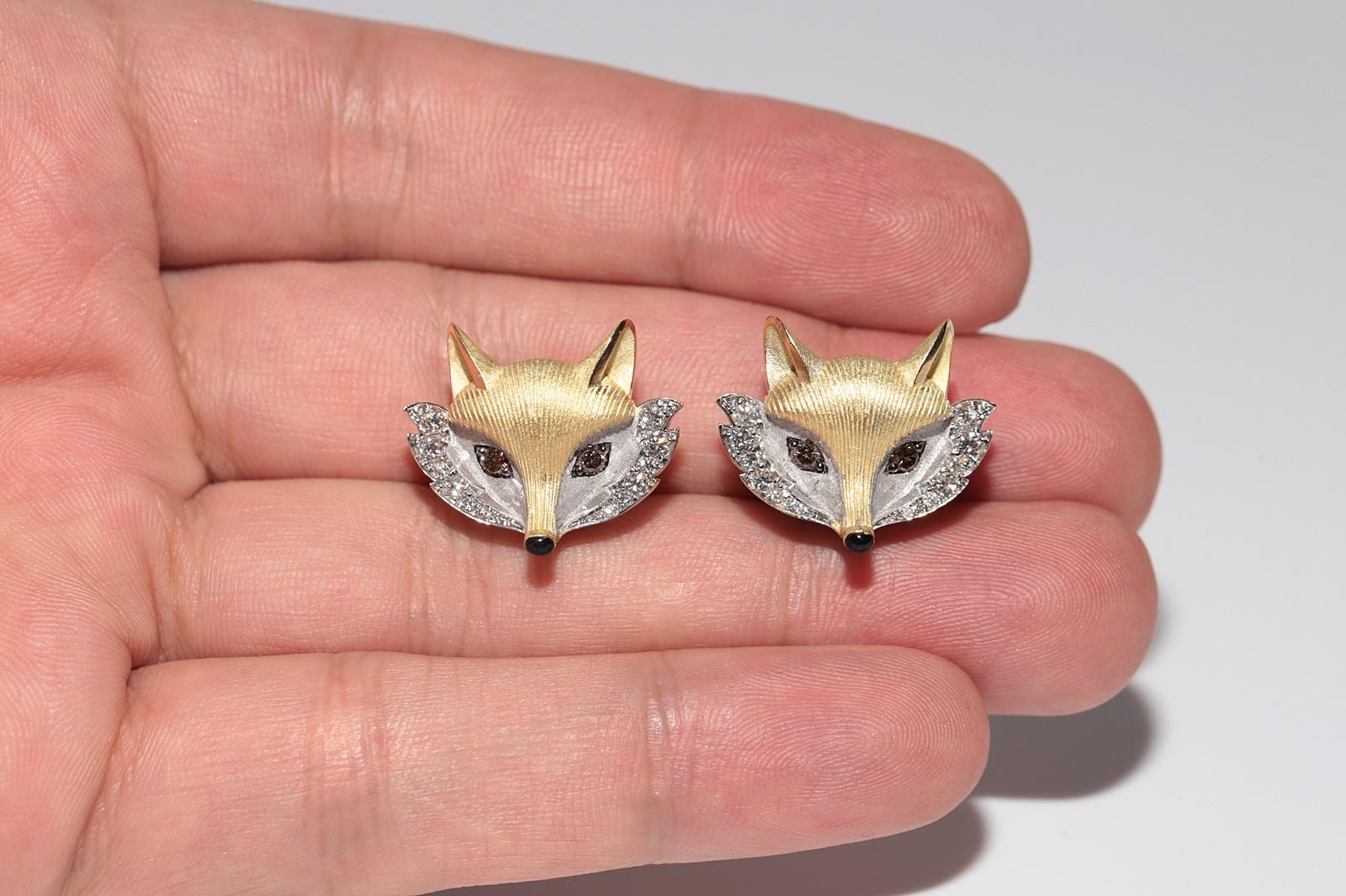 New Made 18k Gold Natural Diamond Decorated Fox Style Amazing Earring For Sale 1