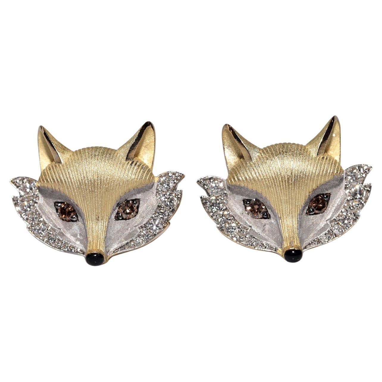 New Made 18k Gold Natural Diamond Decorated Fox Style Amazing Earring