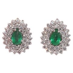 New Made 18k Gold Natural Diamond Decorated Pear Cut Emerald Stud Earring
