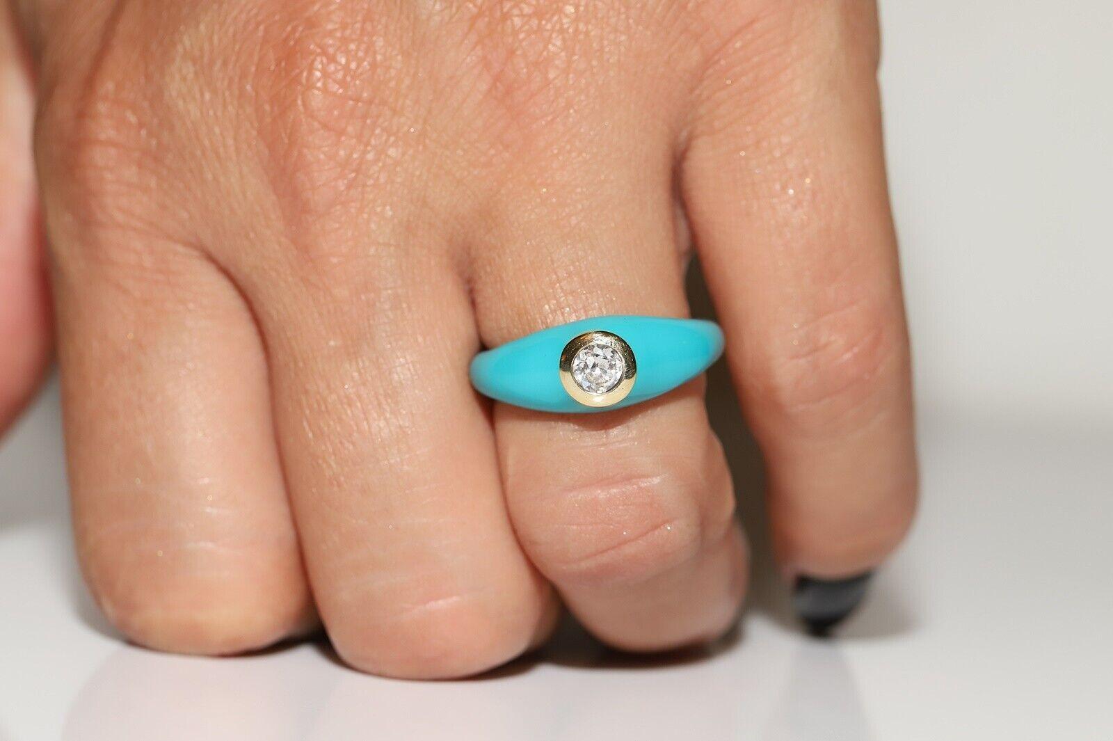 Anillo solitario de oro de 18 quilates con diamante natural y esmalte de turquesa en venta 5