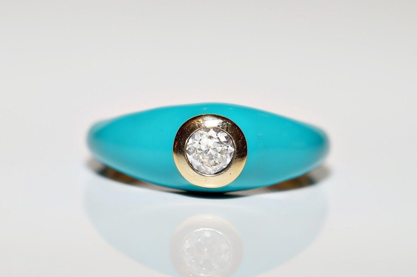Anillo solitario de oro de 18 quilates con diamante natural y esmalte de turquesa en venta 6