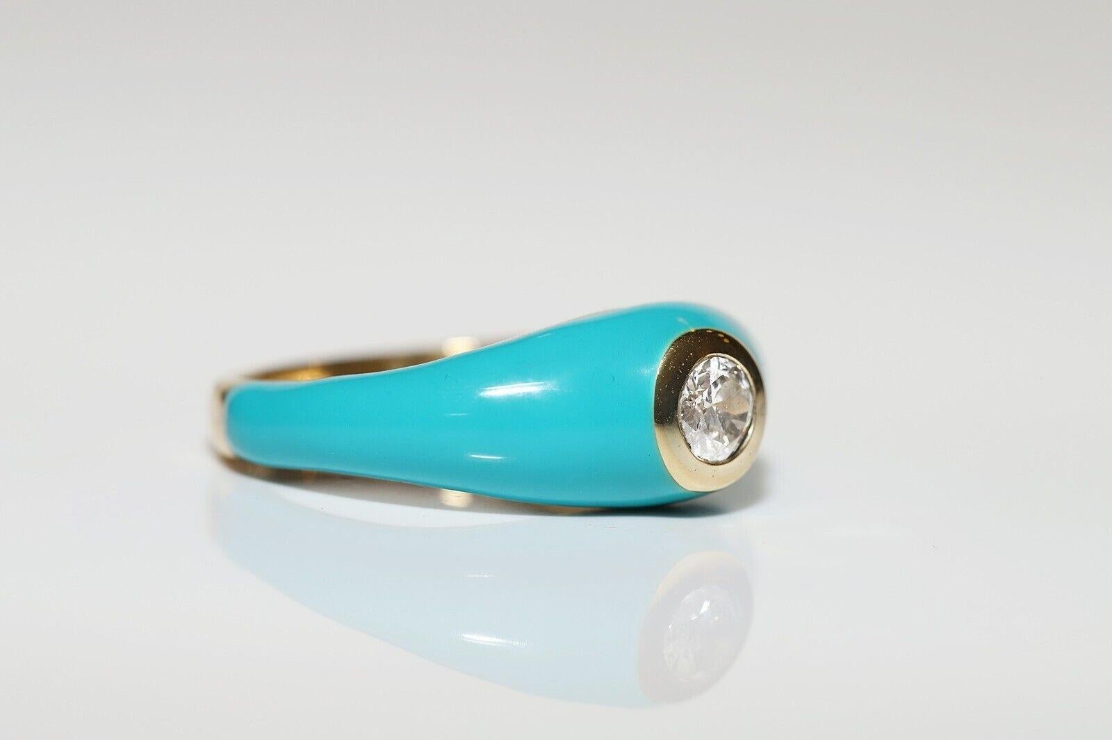 Anillo solitario de oro de 18 quilates con diamante natural y esmalte de turquesa en venta 7