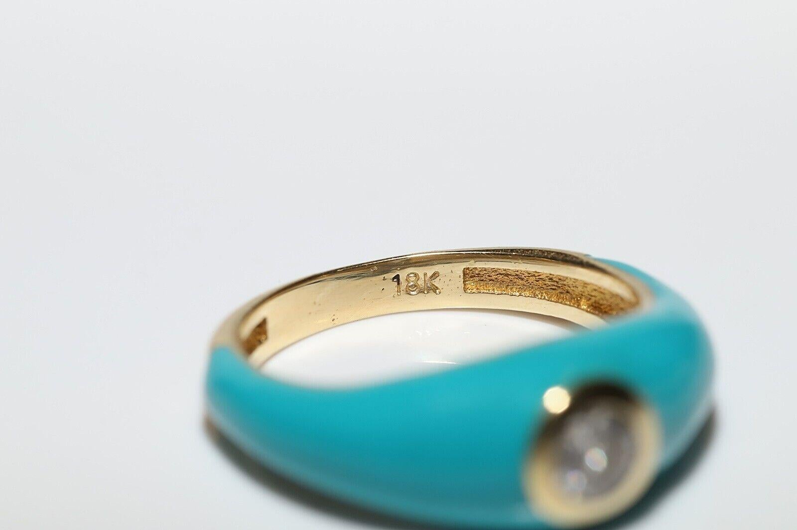 Neuer Solitär-Ring, 18 Karat Gold, natürlicher Diamant, Türkis-Emaille, Solitär (Brillantschliff) im Angebot