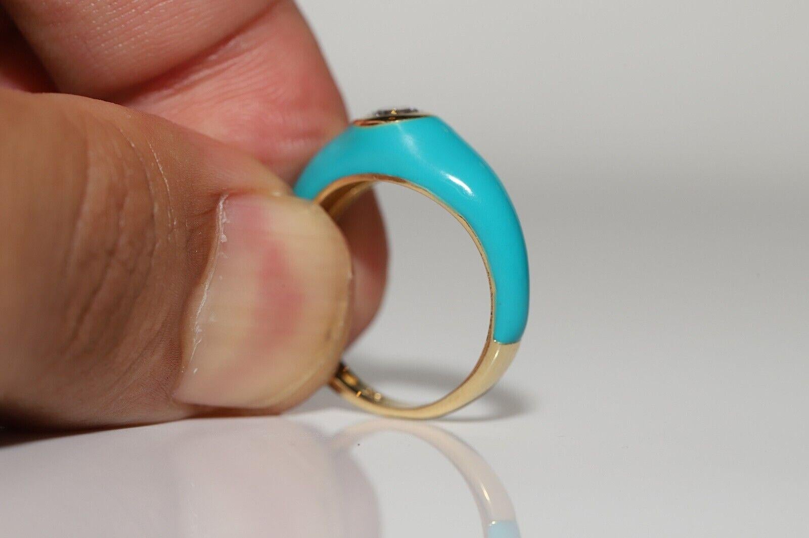 New Made 18k Gold Natural Diamond Turquoise Enamel Solitaire Ring In Good Condition For Sale In Fatih/İstanbul, 34