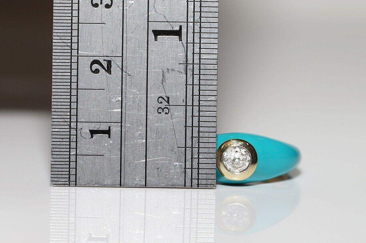 Femenino o masculino Anillo solitario de oro de 18 quilates con diamante natural y esmalte de turquesa en venta