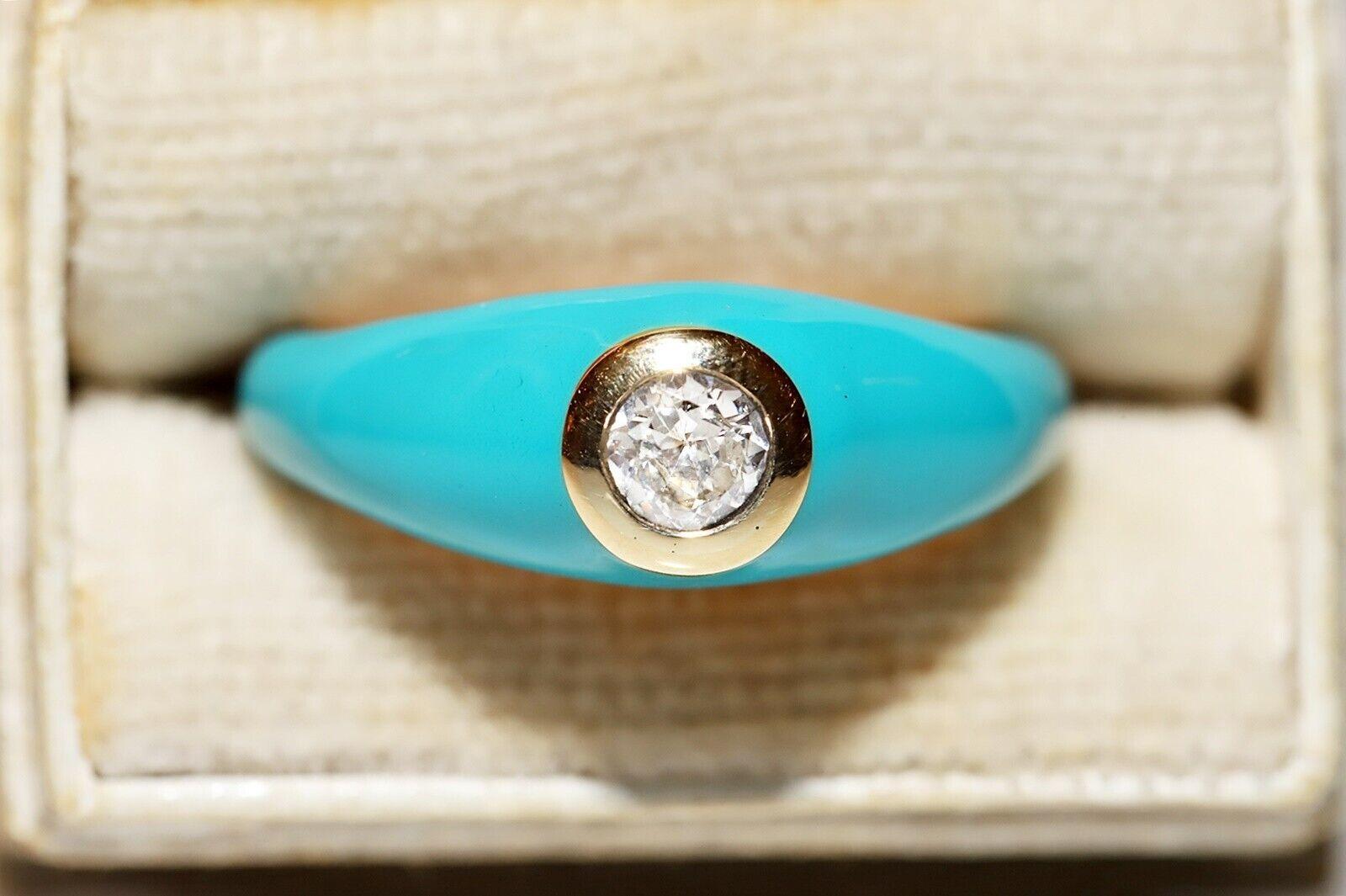 Anillo solitario de oro de 18 quilates con diamante natural y esmalte de turquesa en venta 3