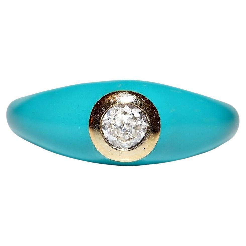 Anillo solitario de oro de 18 quilates con diamante natural y esmalte de turquesa en venta