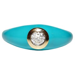Anillo solitario de oro de 18 quilates con diamante natural y esmalte de turquesa