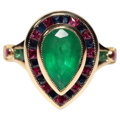 New Made 18k Gold Natural Emerald And Caliber Cut Sapphire And Ruby Ring