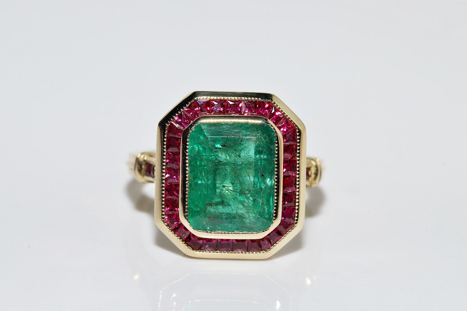 Square Cut New Made 18k Gold Natural Emerald And Caliber Ruby Decorated Ring For Sale