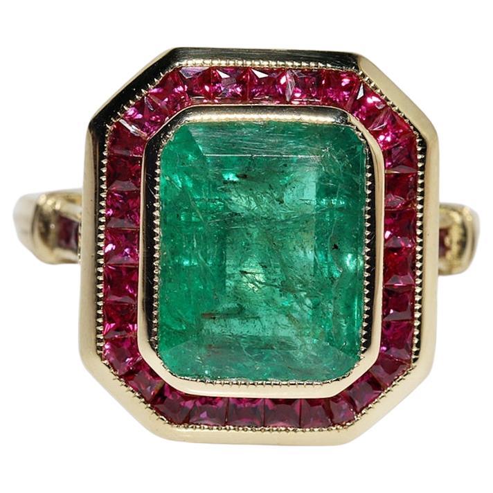 New Made 18k Gold Natural Emerald And Caliber Ruby Decorated Ring
