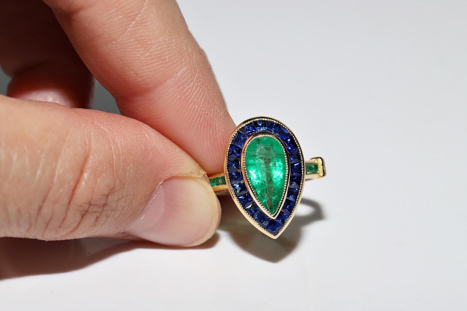 Women's New Made 18k Gold Natural Emerald And Sapphire Decorated Drop Ring For Sale
