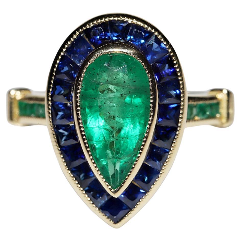 New Made 18k Gold Natural Emerald And Sapphire Decorated Drop Ring For Sale