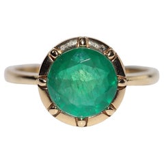 New Made 18k Gold Natural Emerald Decorated Solitaire Wedding Ring