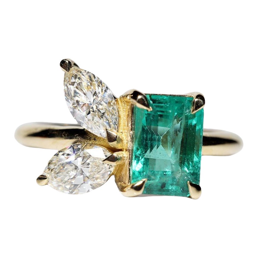 New Made Bague en or 18k ornée de diamants et d'émeraudes de taille marquise naturels