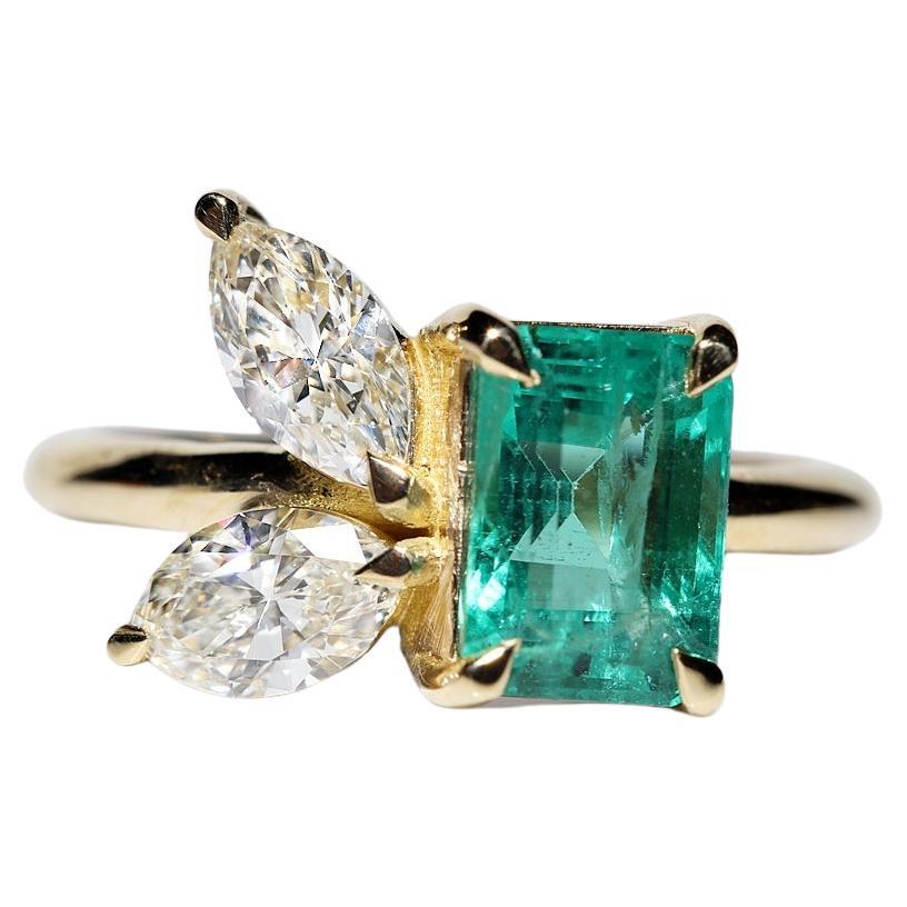 New Made 18k Gold Natural Marquise Cut Diamond And Emerald Decorated Ring 