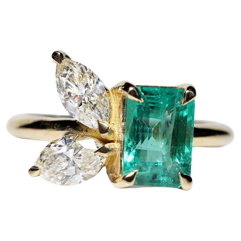 New Made 18k Gold Natural Marquise Cut Diamond And Emerald Decorated Ring