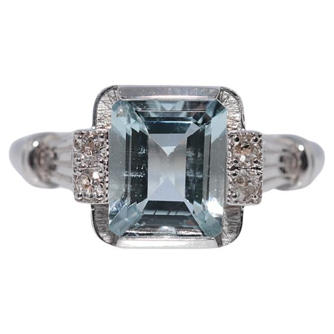 New Made 18k Gold Natural Old Cut Diamond And Aquamarine Decorated Ring For Sale