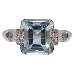 New Made 18k Gold Natural Old Cut Diamond And Aquamarine Decorated Ring