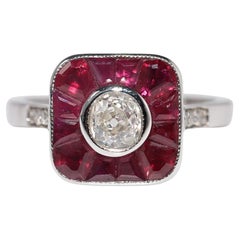 New Made 18k Gold Natural Old Cut Diamond And Baguette Cut Ruby Decorated Ring