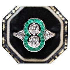 New Made 18k Gold Natural Old Cut Diamond And Caliber Cut Emerald Ring