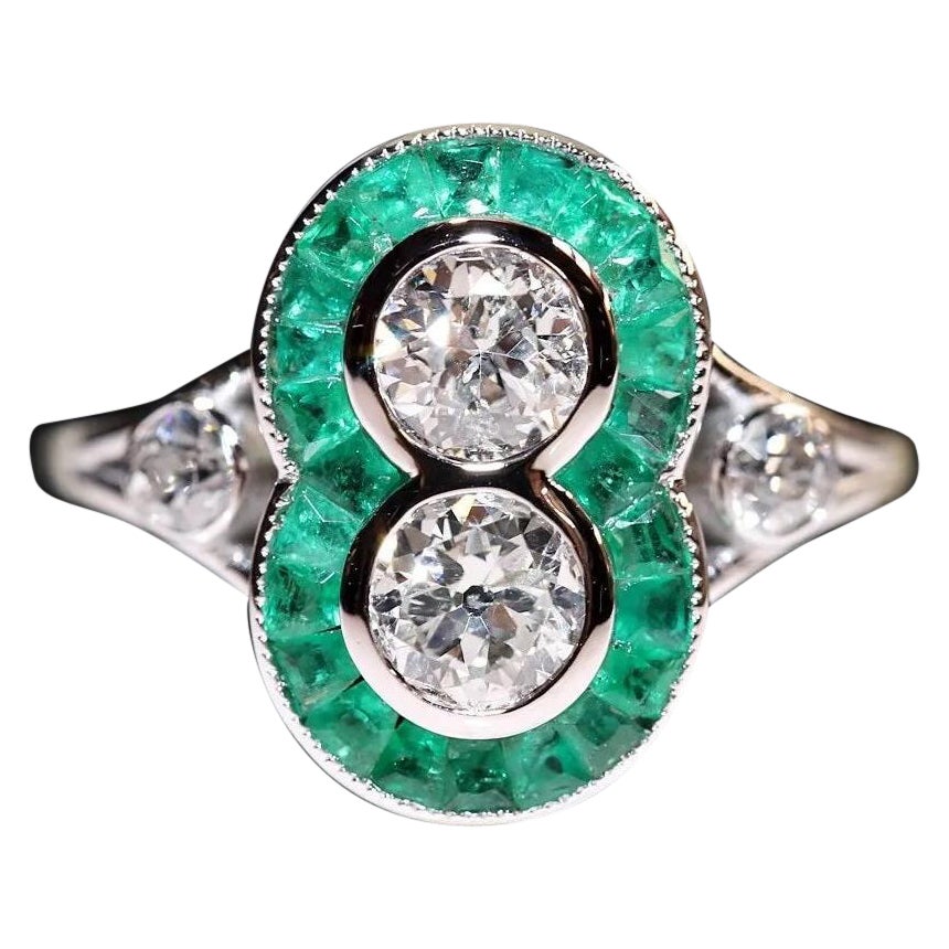 New Made 18k Gold Natural Old Cut Diamond And Caliber Cut Emerald Ring For Sale