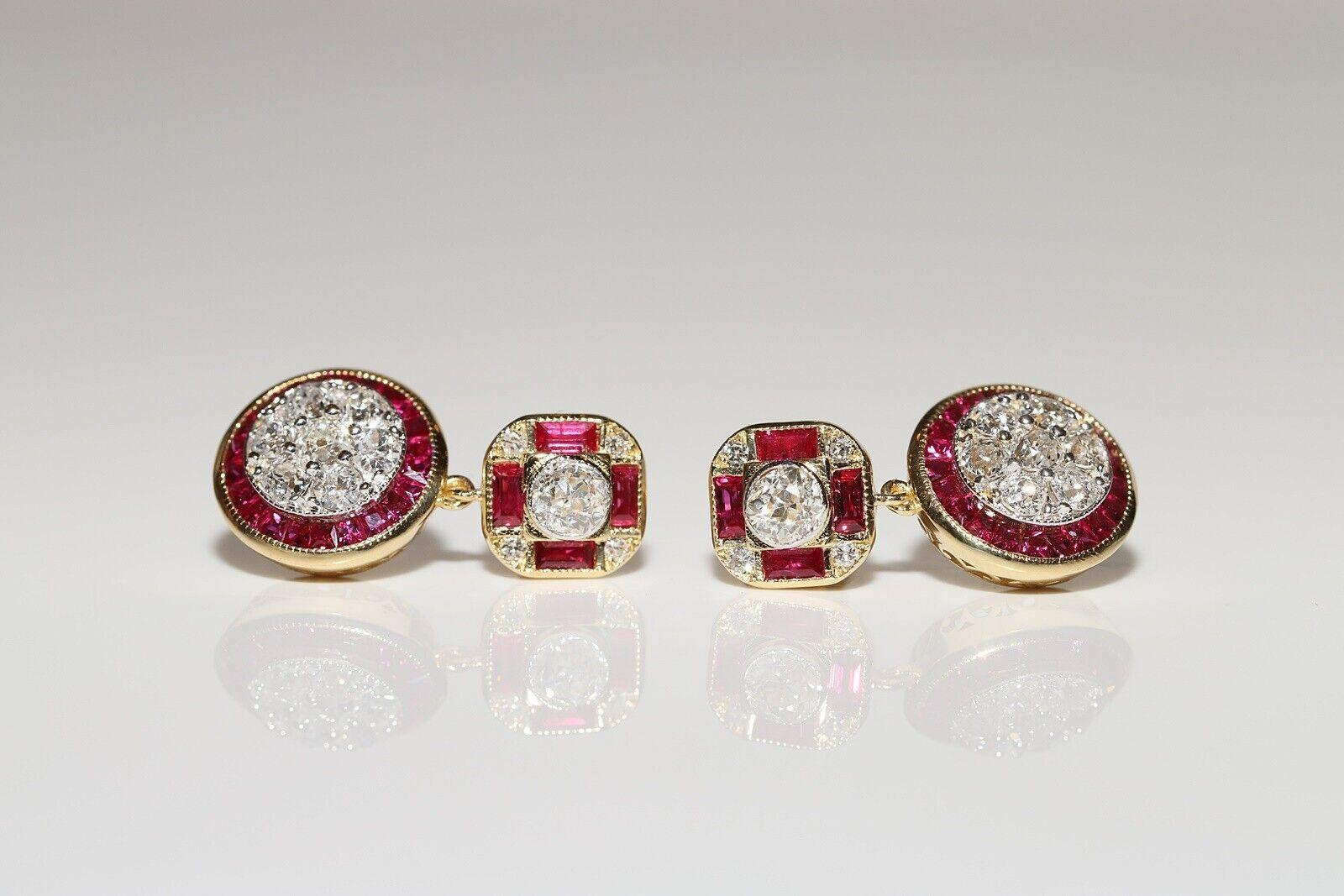New Made Or 18k Diamant naturel taille ancienne et rubis taille calibre  Boucle d'oreille goutte d'eau en vente 4