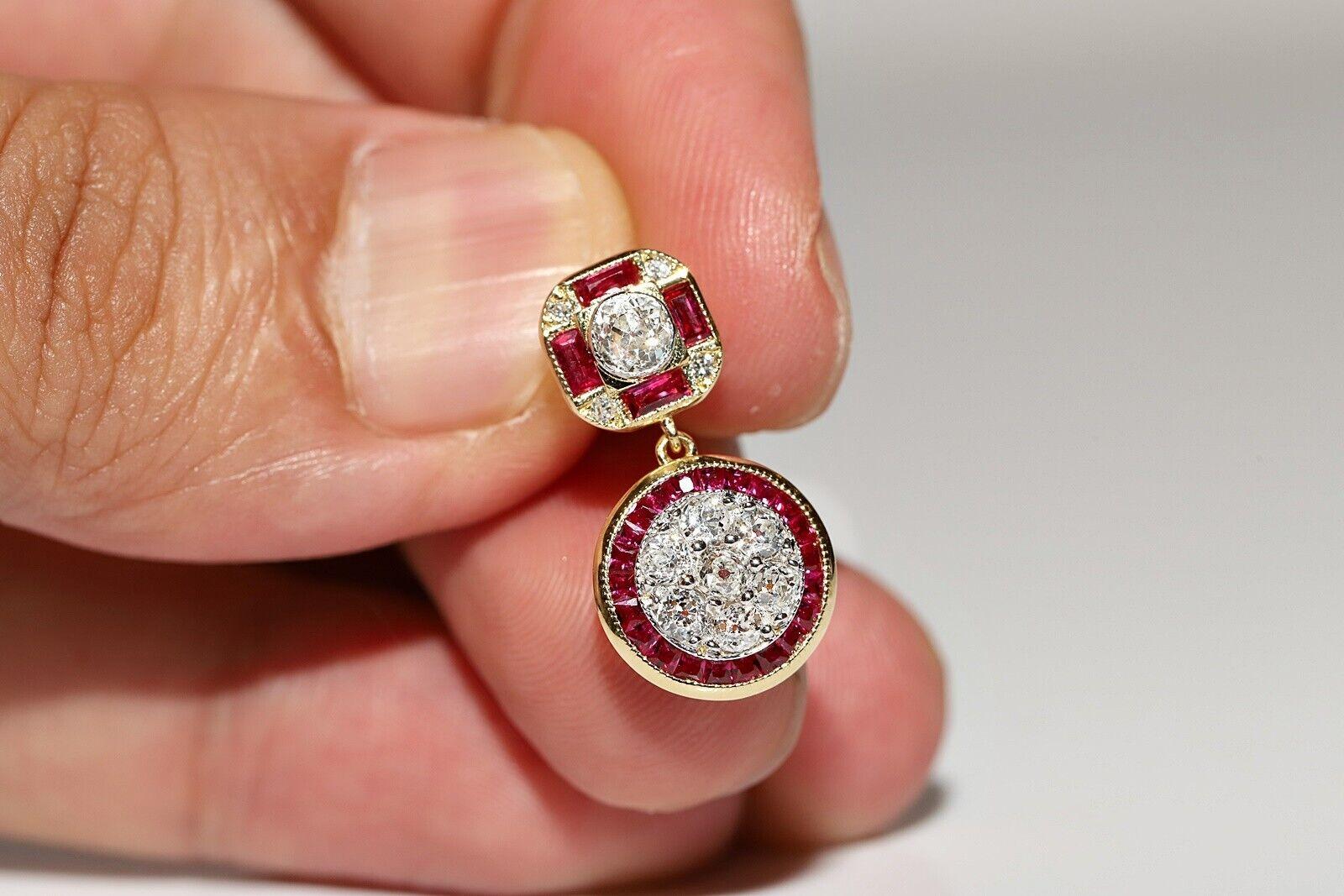 New Made Or 18k Diamant naturel taille ancienne et rubis taille calibre  Boucle d'oreille goutte d'eau en vente 5