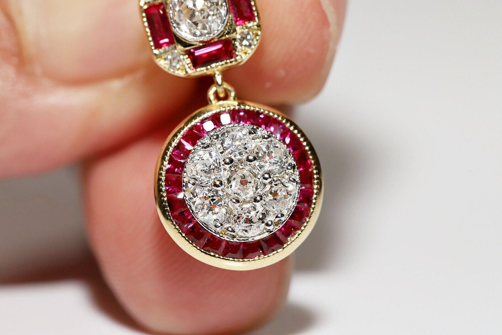 New Made Or 18k Diamant naturel taille ancienne et rubis taille calibre  Boucle d'oreille goutte d'eau en vente 7