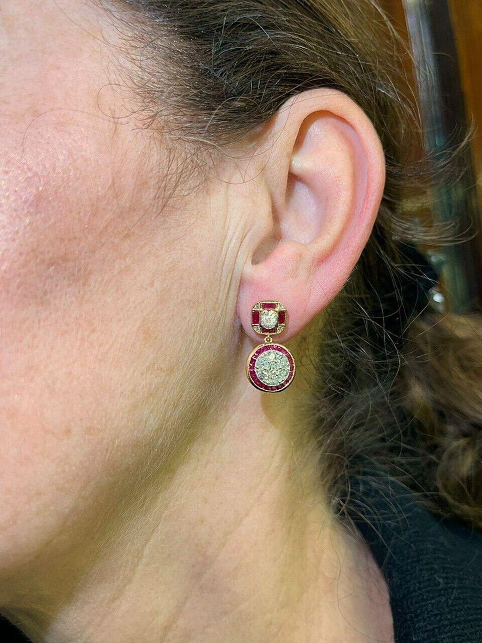 New Made 18k Gold Natural Old Cut Diamond And Caliber Cut Ruby  Drop Earring For Sale 8