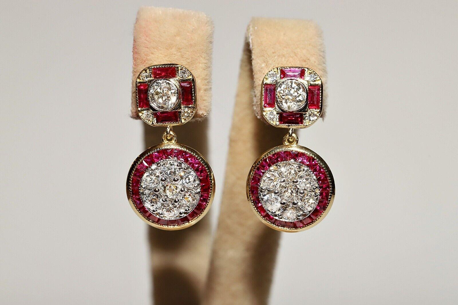 New Made Or 18k Diamant naturel taille ancienne et rubis taille calibre  Boucle d'oreille goutte d'eau en vente 9